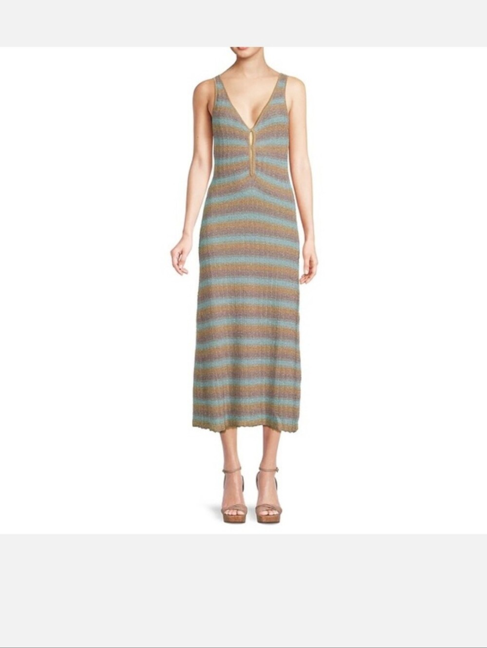 Misa Los Angeles Striped V-Neck Maxi Dress in Blue and Tan